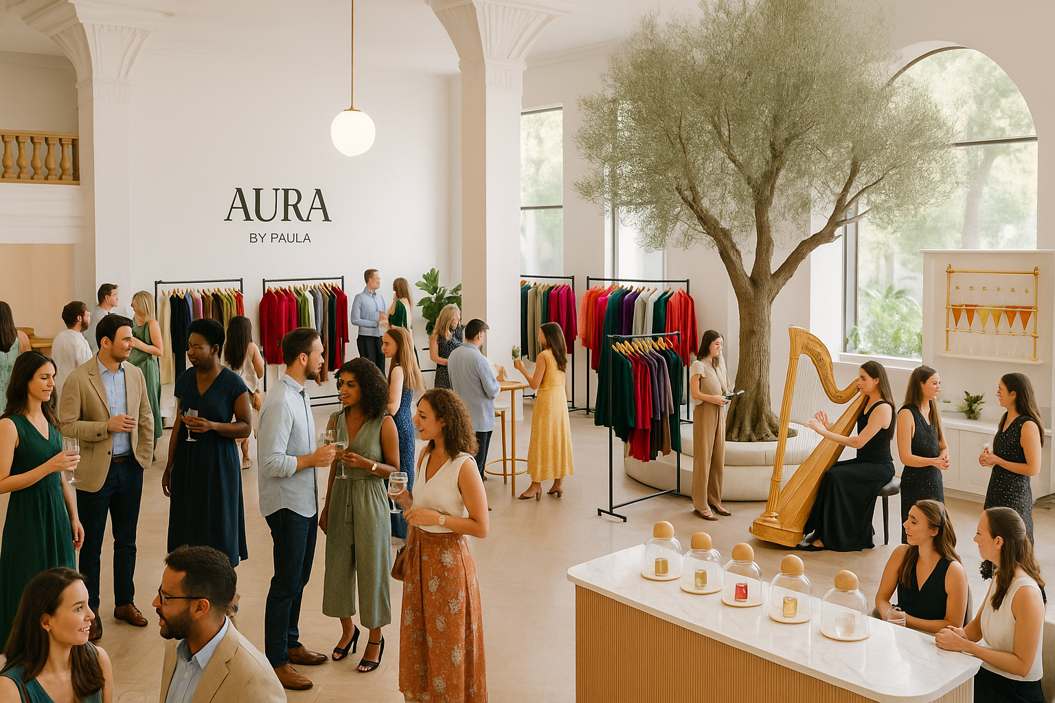 Aura by Paula event mood — minimal chic neutrals, wellness lounge, and music setup