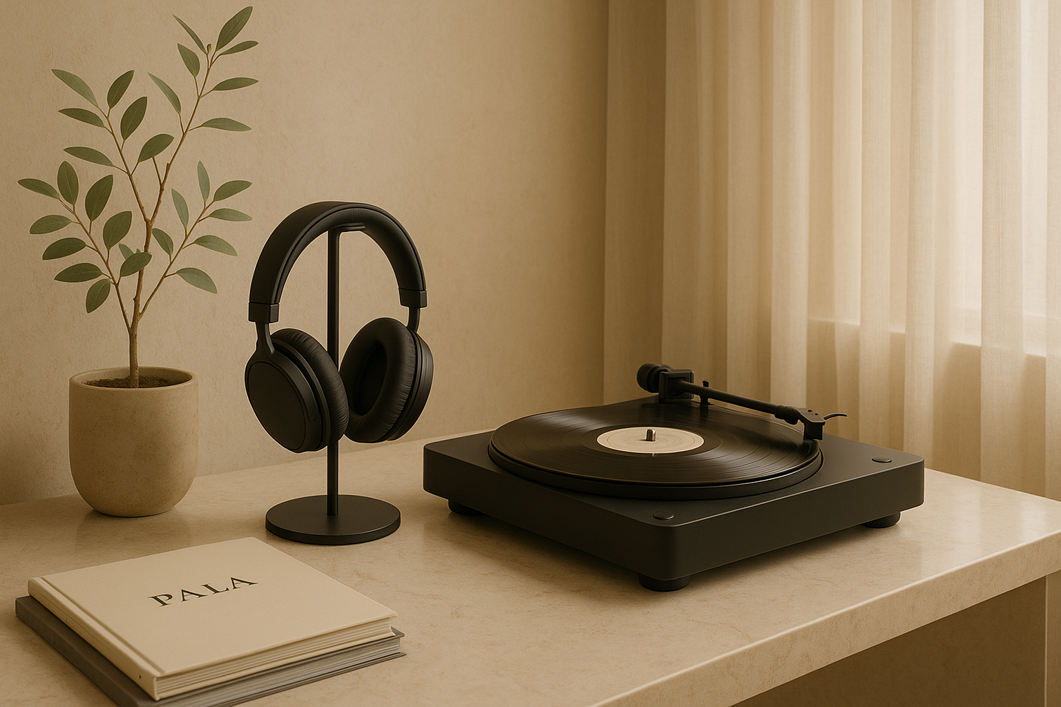Headphones and vinyl next to a candle